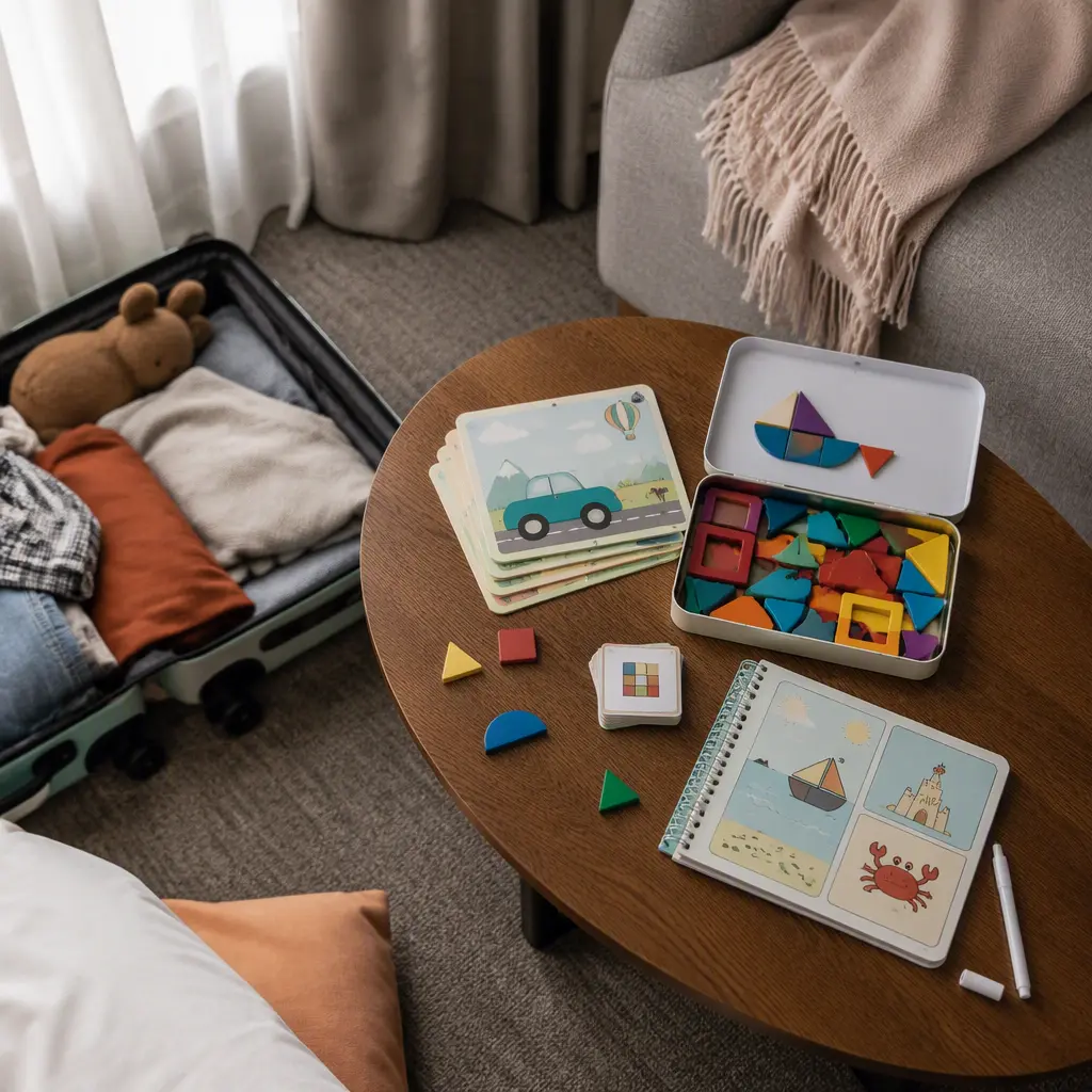 Quiet preschool travel activities arranged neatly in a shared hotel room