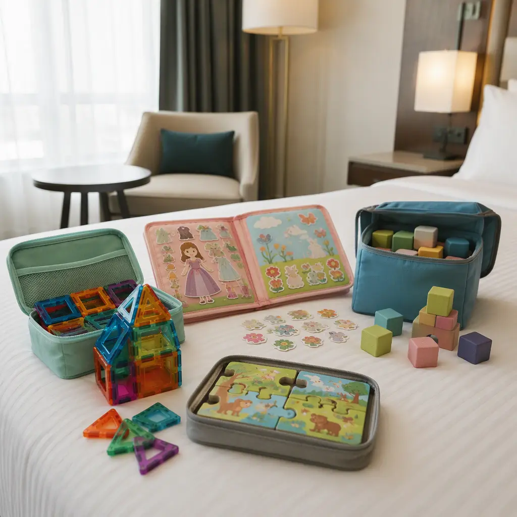 Quiet compact travel toys arranged on a hotel bed for preschool-aged children