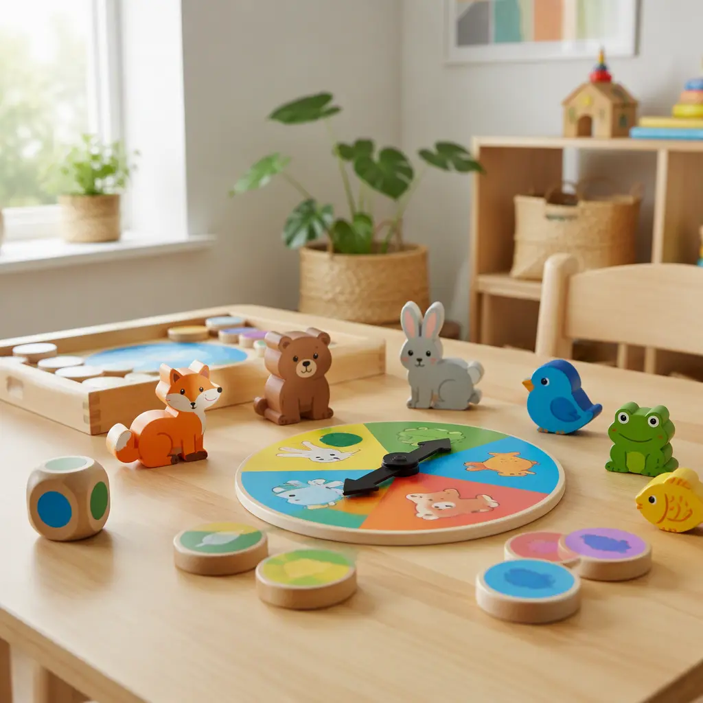 Preschool tabletop games with simple colorful pieces and spinner