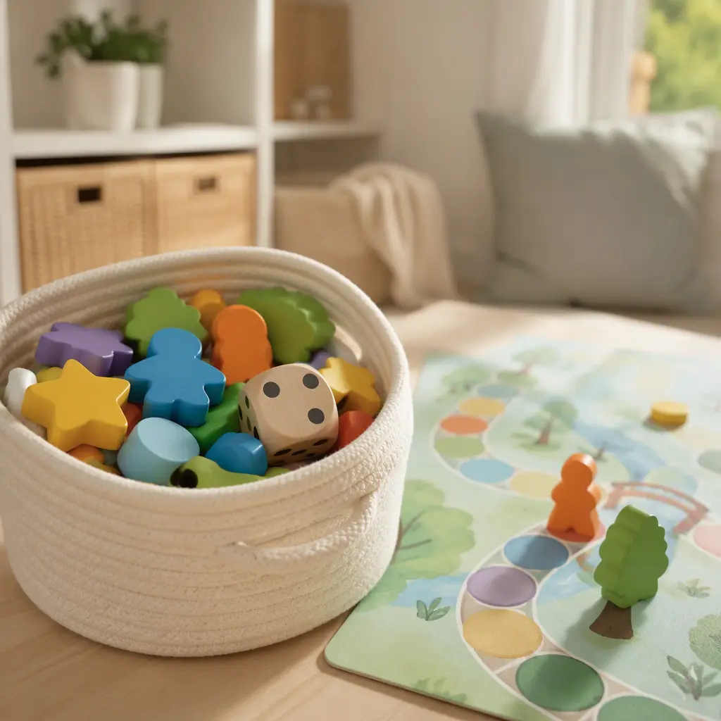 Chunky preschool game pieces stored neatly beside a simple board game