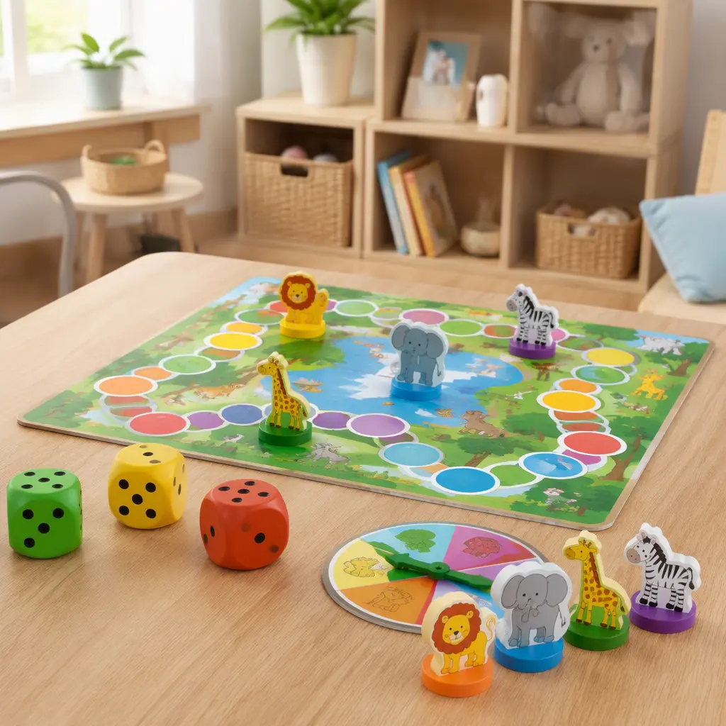 Simple preschool board games with chunky pieces arranged on a wooden table