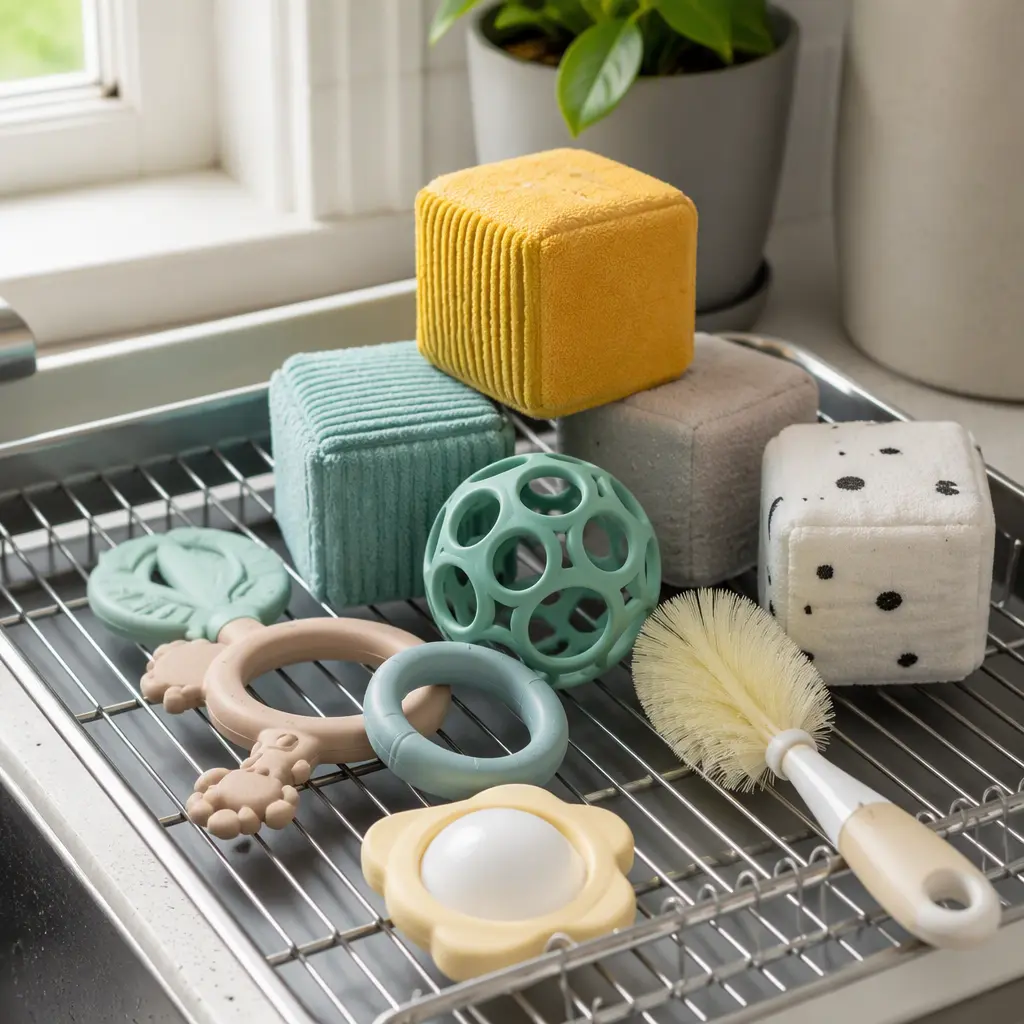 Dishwasher-safe baby toys drying on a kitchen rack