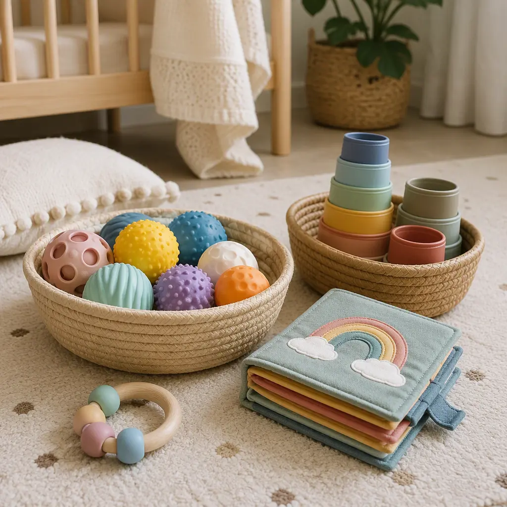 Washable sensory toys stored in baskets on a nursery floor
