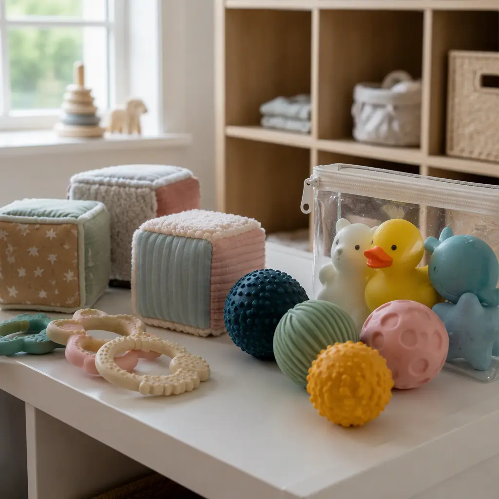 Washable baby toys arranged neatly on a nursery shelf in soft natural light