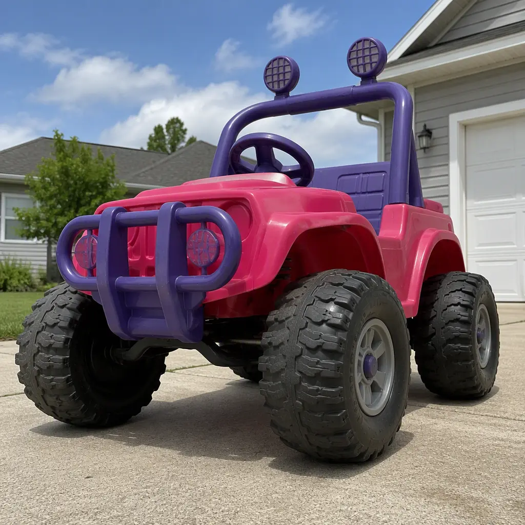 Monster-truck-inspired preschool ride-on parked on a driveway