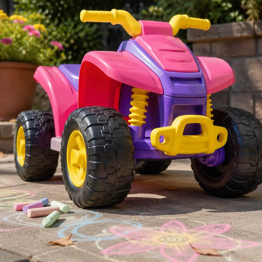 Close-up of a monster-truck-style ride-on toy with oversized wheels outdoors