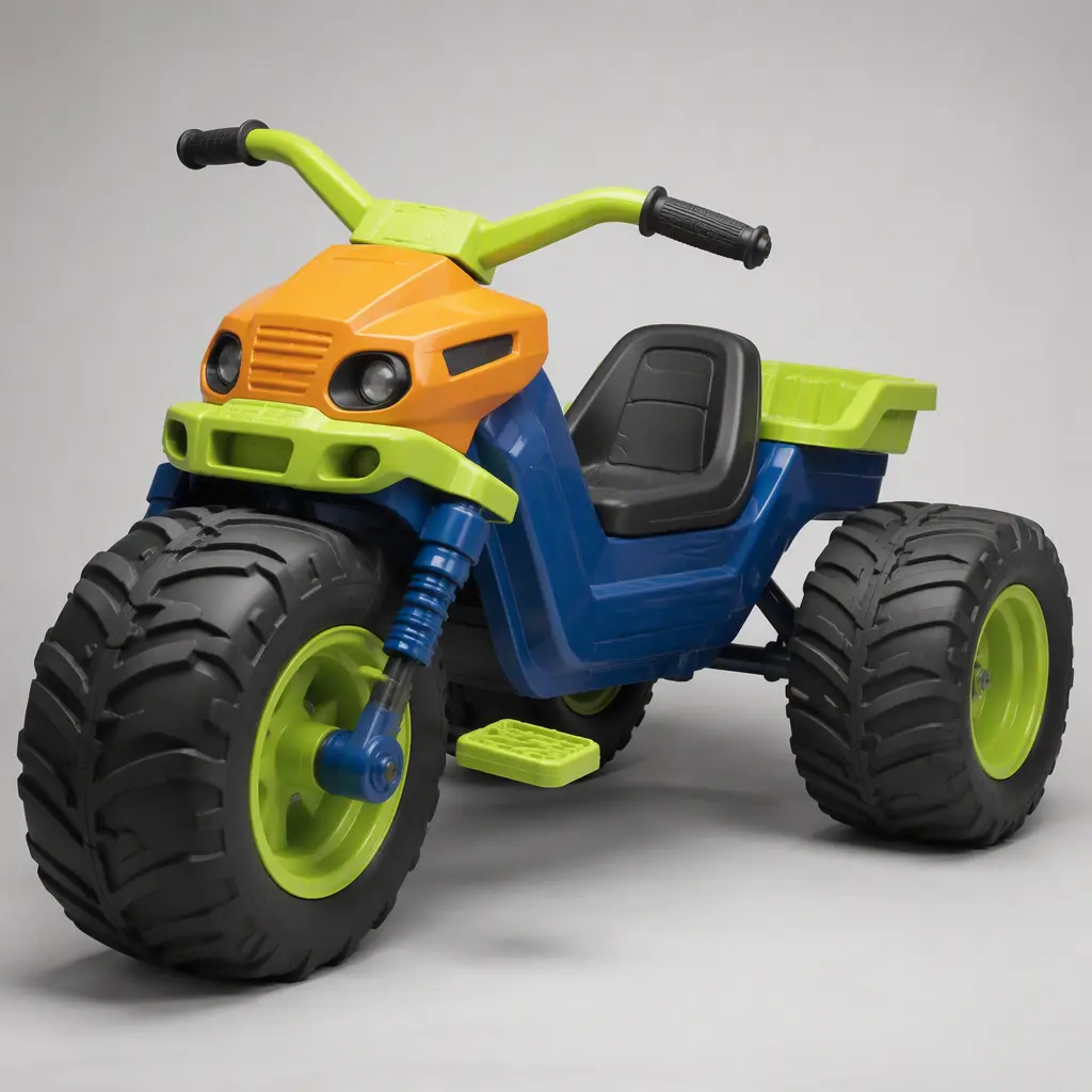 Oversized monster-truck-style preschool ride-on toy with large wheels in a studio setting
