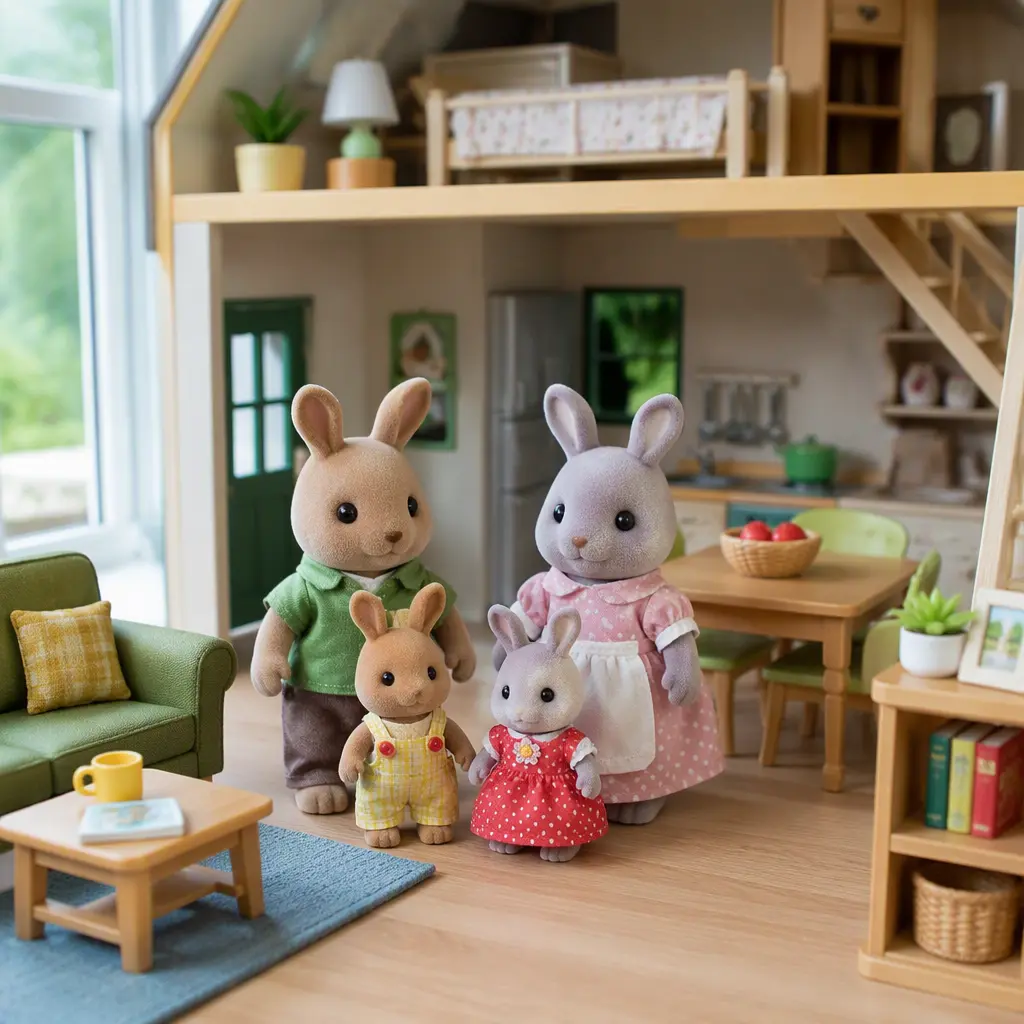 Animal family figure toys posed inside a miniature house playset with household accessories