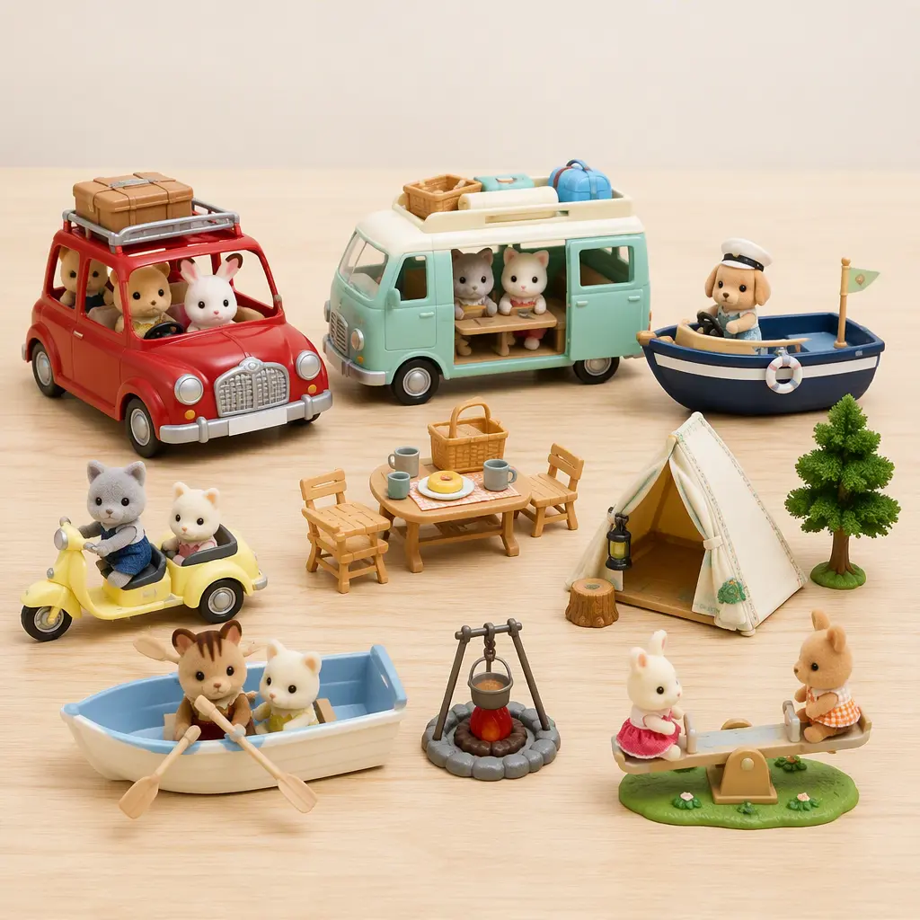 Miniature family-themed figure vehicles and outdoor accessories arranged on a wooden surface