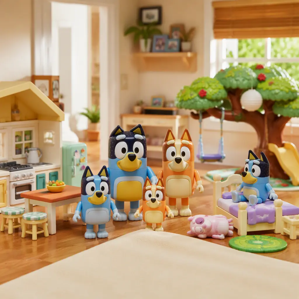 Colorful family-themed animal figure playsets arranged around a miniature home and playground scene