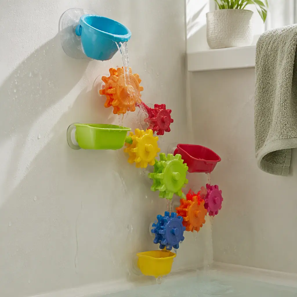 Bath gears arranged in a long connected chain across a bathtub wall
