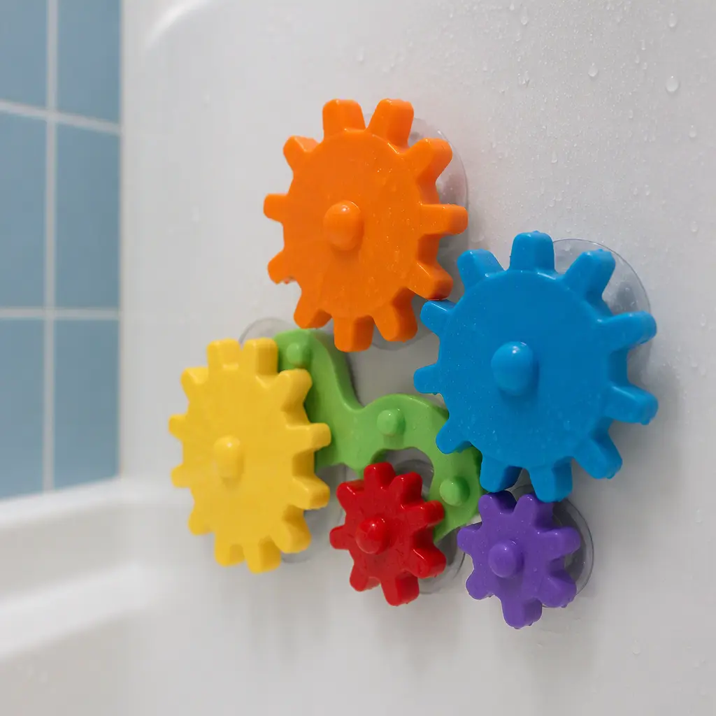 Colorful spinning bath gears attached to a bathtub wall during play