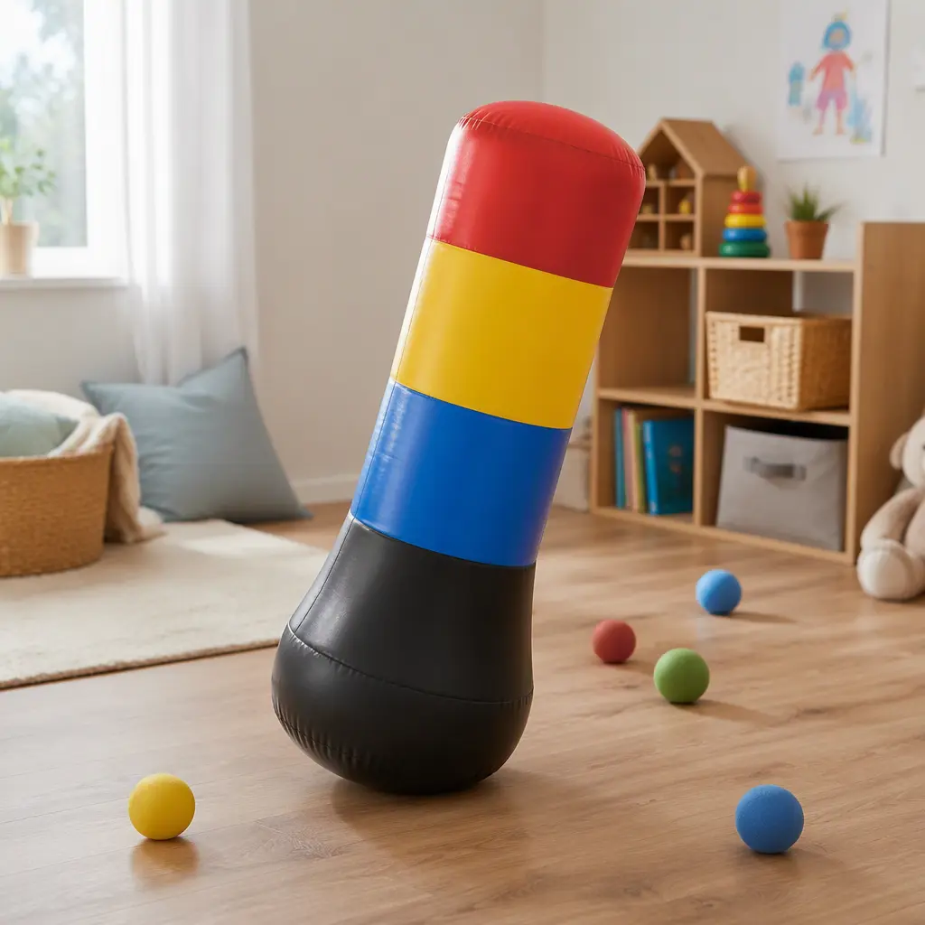An inflatable bop-style toy bending sideways and springing back upright in a playroom