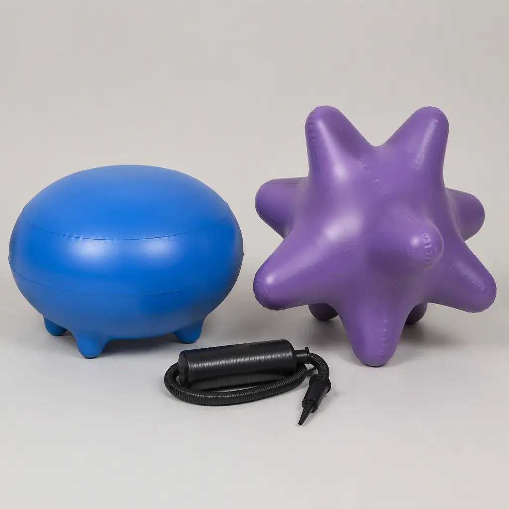 Two colorful inflatable rebound toys displayed in a studio environment