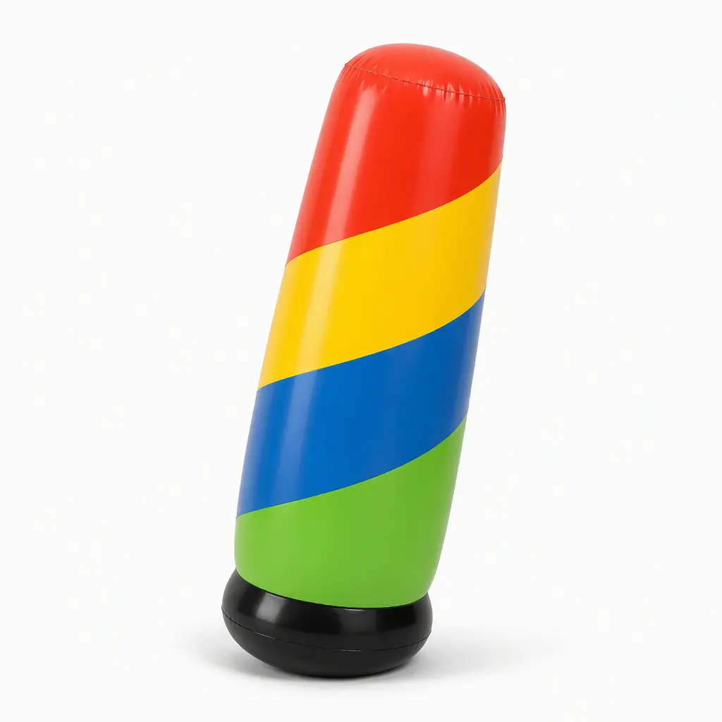 A colorful weighted inflatable punching toy bouncing upright in a studio setting
