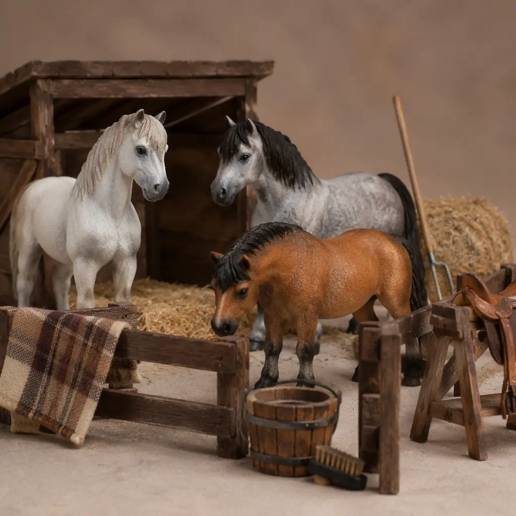 Miniature horse figures posed beside a small fence and stable accessories.