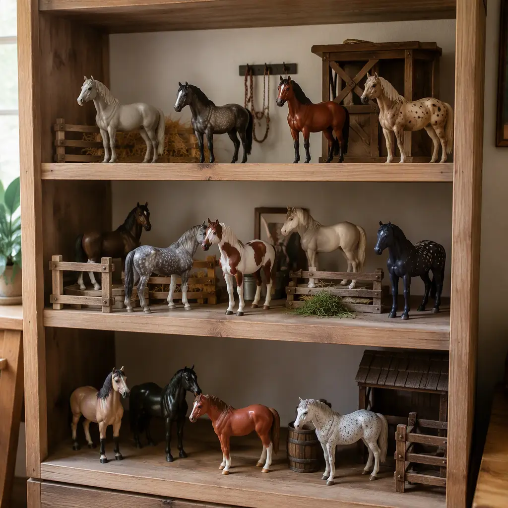 Assorted miniature horse figures displayed on wooden shelves with stable props.