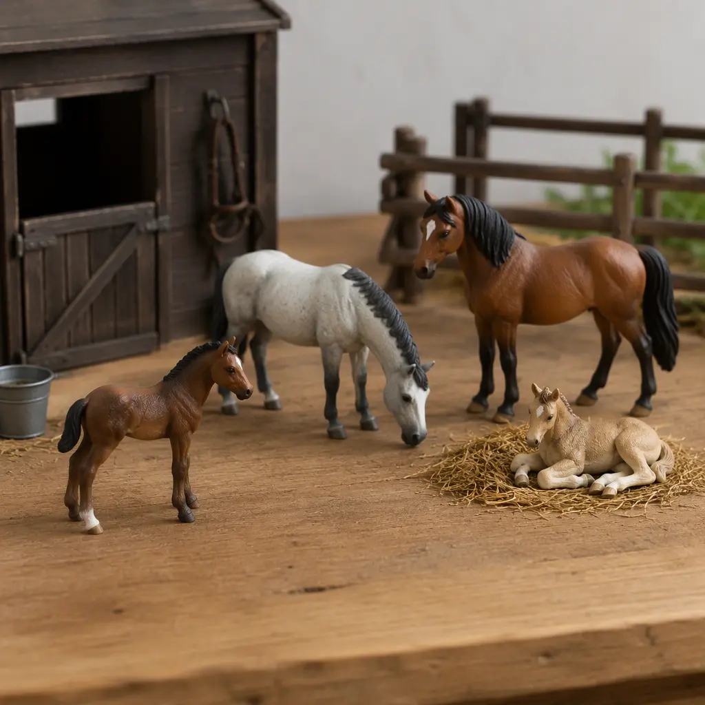 A group of realistic miniature horse figures arranged on a tabletop stable scene.