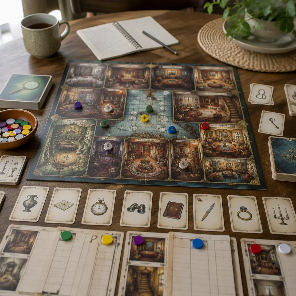 A hidden-object tabletop game arranged on a dining table with colorful clue pieces and illustrated cards.