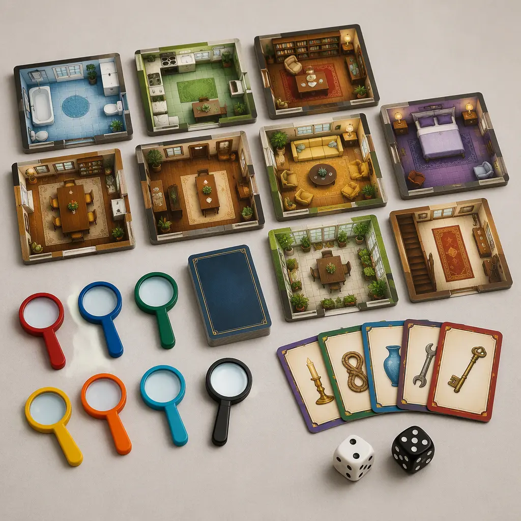 Assorted hidden-object board game components arranged neatly in a studio setting.