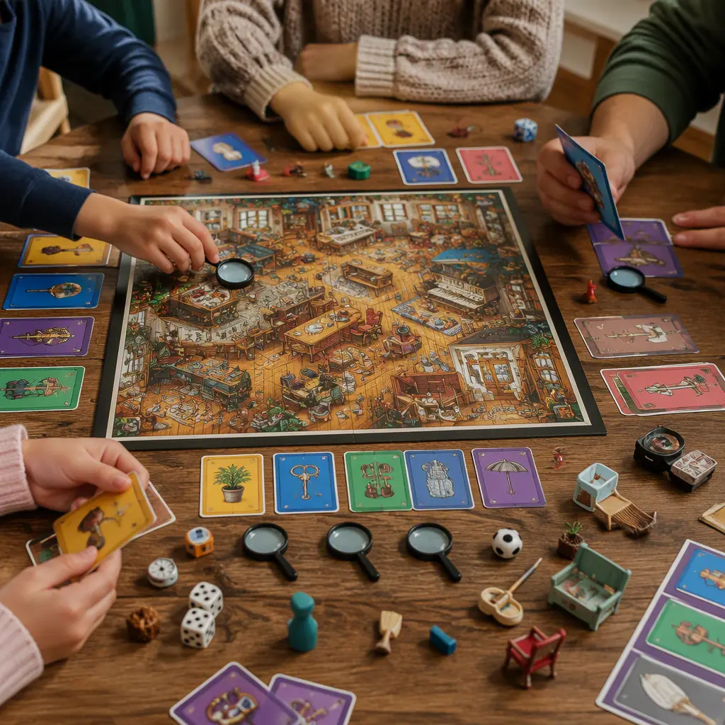 A seek-and-find style family mystery board game setup with colorful pieces and hidden-object cards on a table.