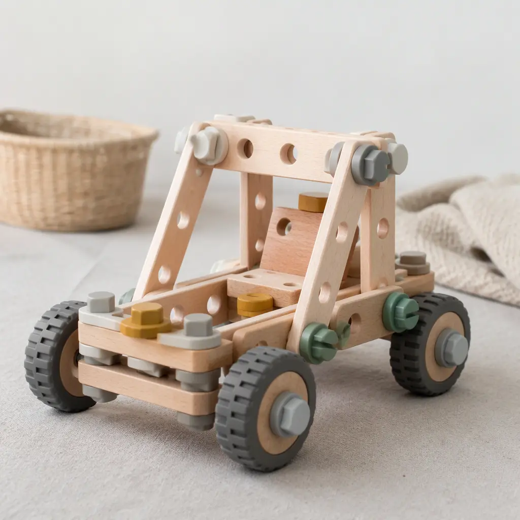 Assembled wooden construction toy vehicle with wheels and connectors on a tabletop