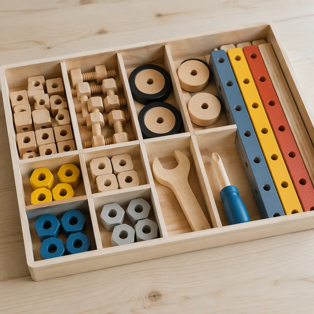 Organized wooden construction toy parts and tools displayed in a tray