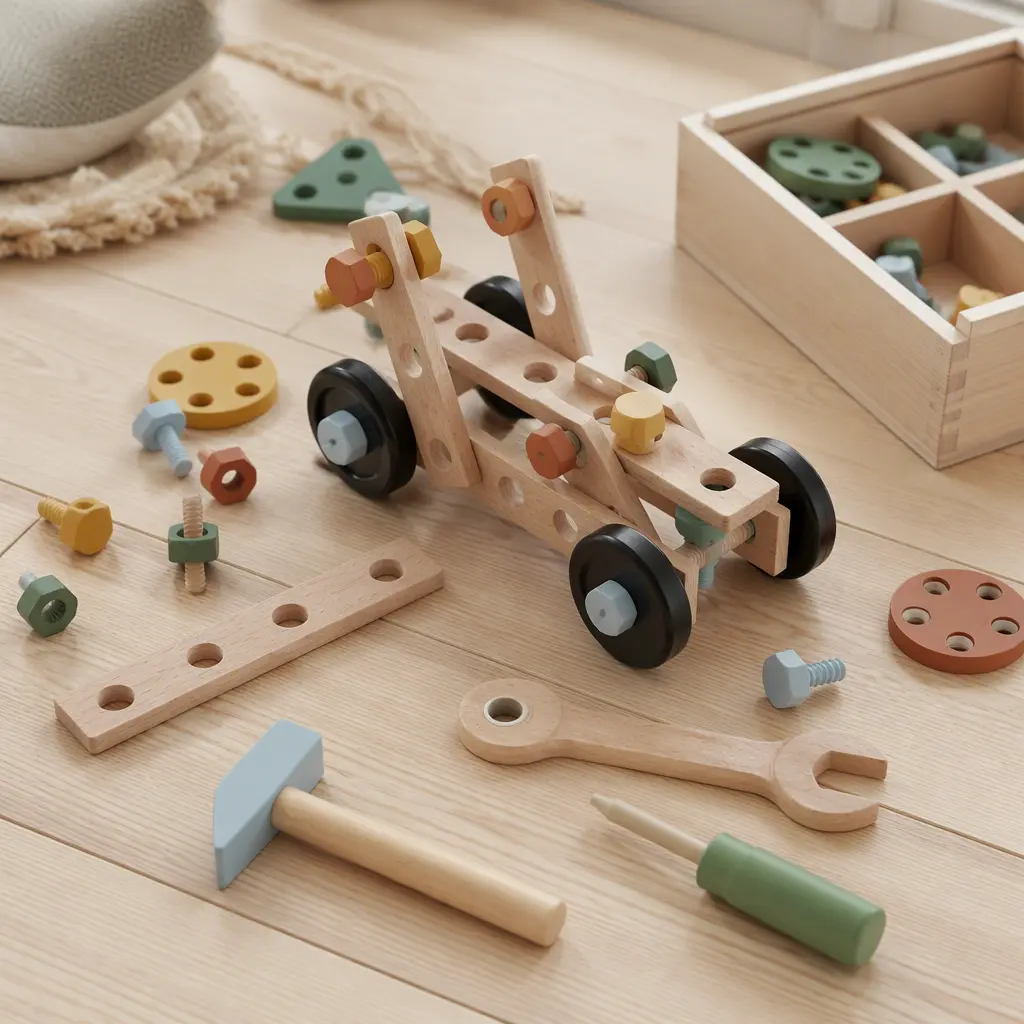 Wooden-and-metal construction toy pieces and tools arranged on a light table in a Scandinavian-style setting