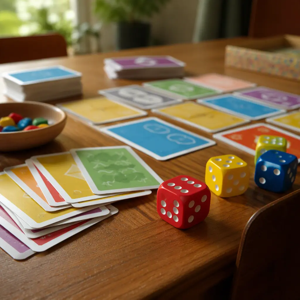 Playing cards and colorful dice on a family game table