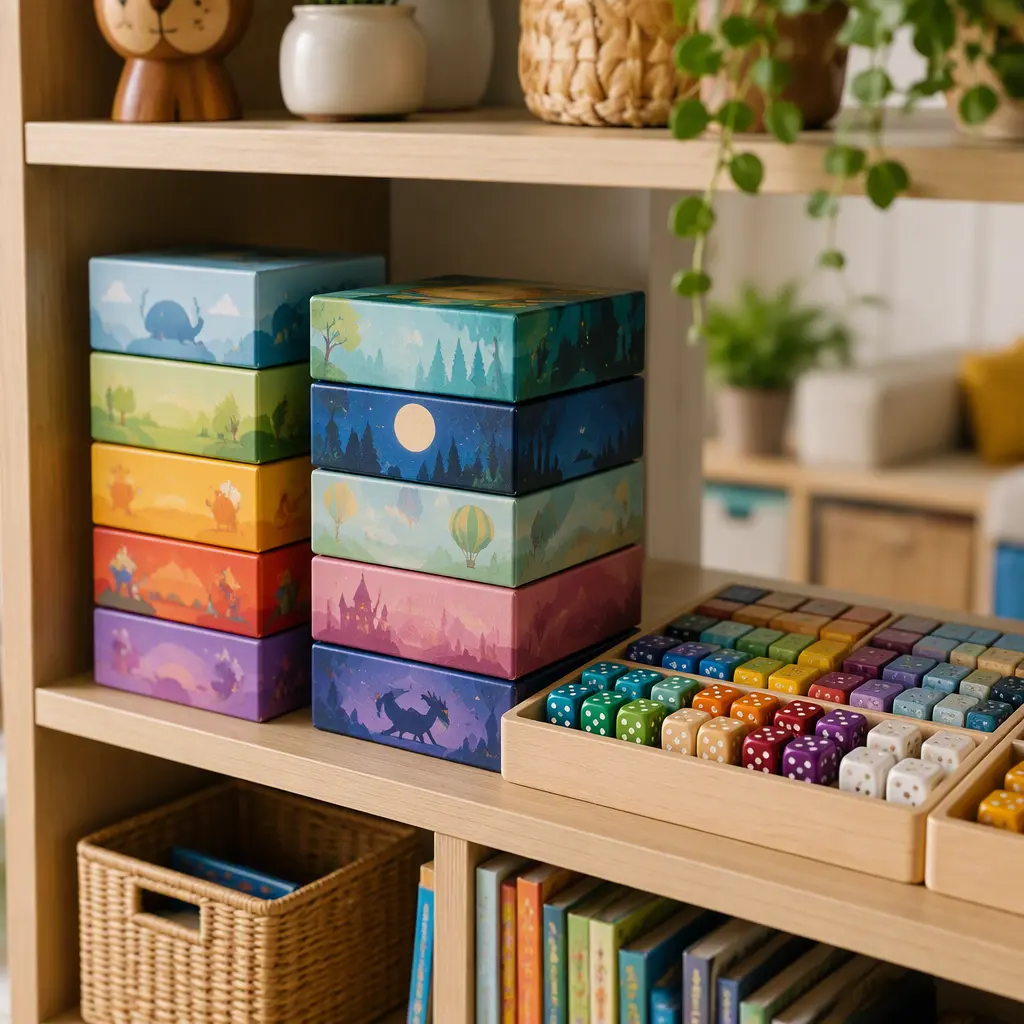 Children's card games and dice games stored on a family game shelf