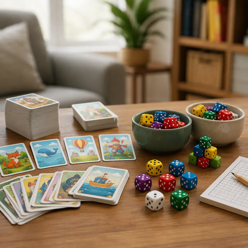 Children's card games and colorful dice arranged on a wooden table in soft natural light