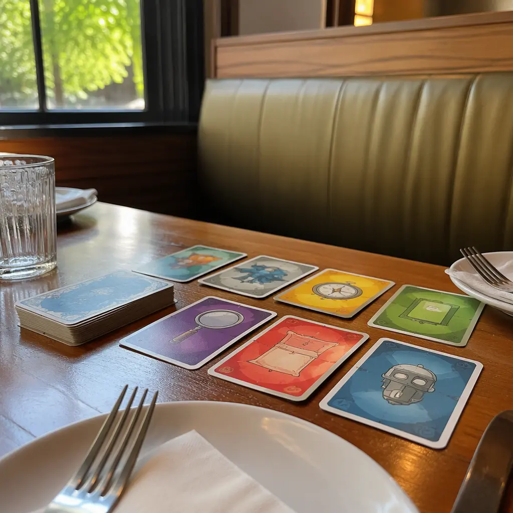 Compact card game on a restaurant booth table beside dinner plates