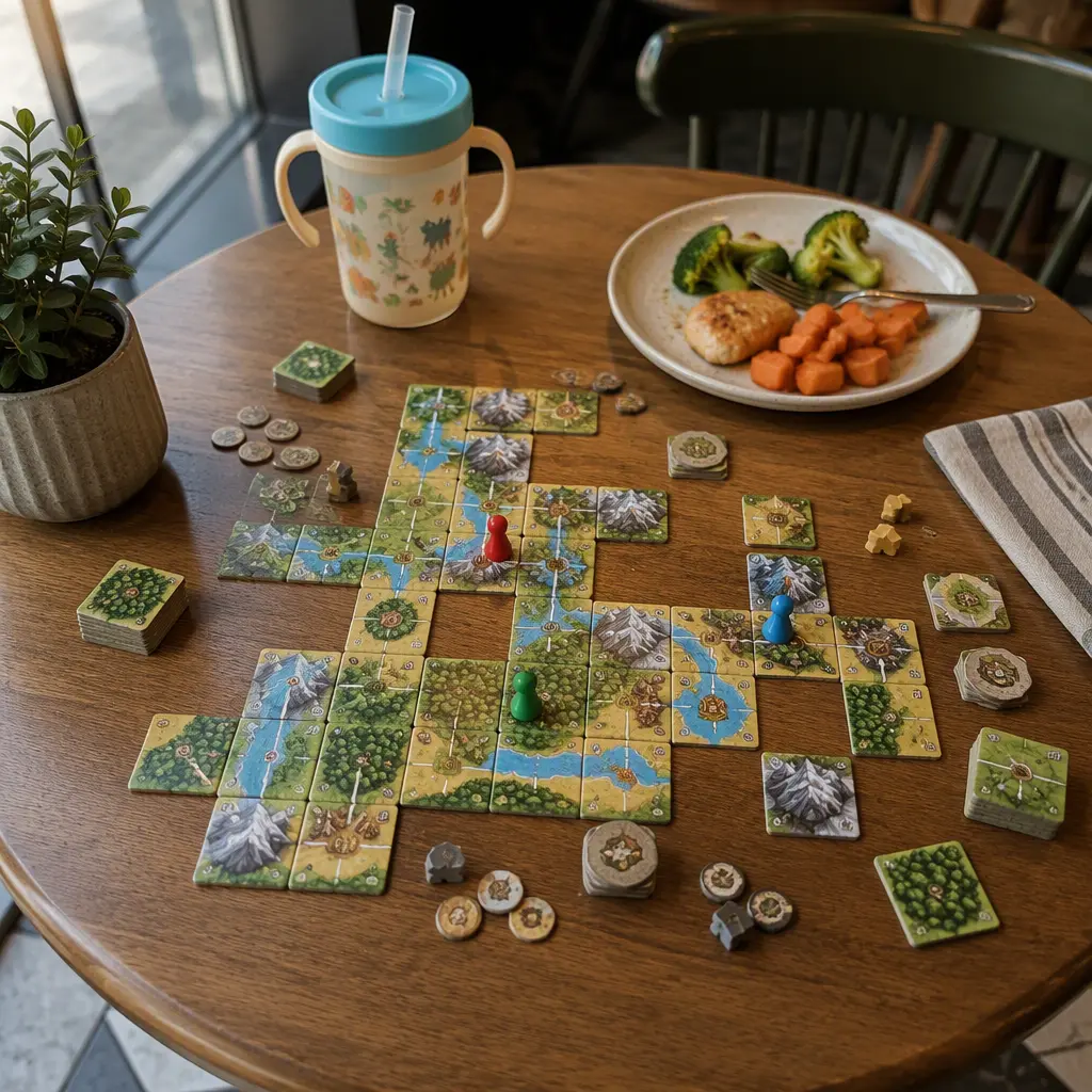 Compact tile game arranged neatly on a small restaurant table