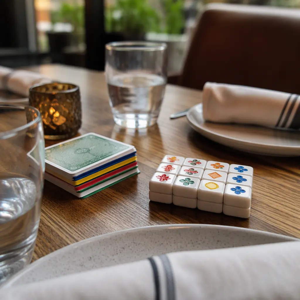 Compact card and tile travel games arranged on a small restaurant table