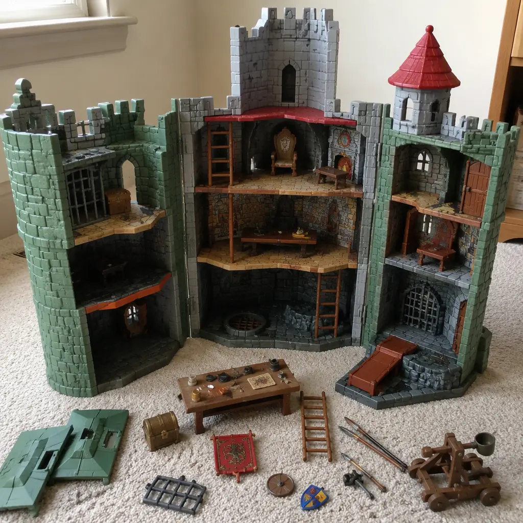 Open fantasy castle playset showing interior rooms and adventure features