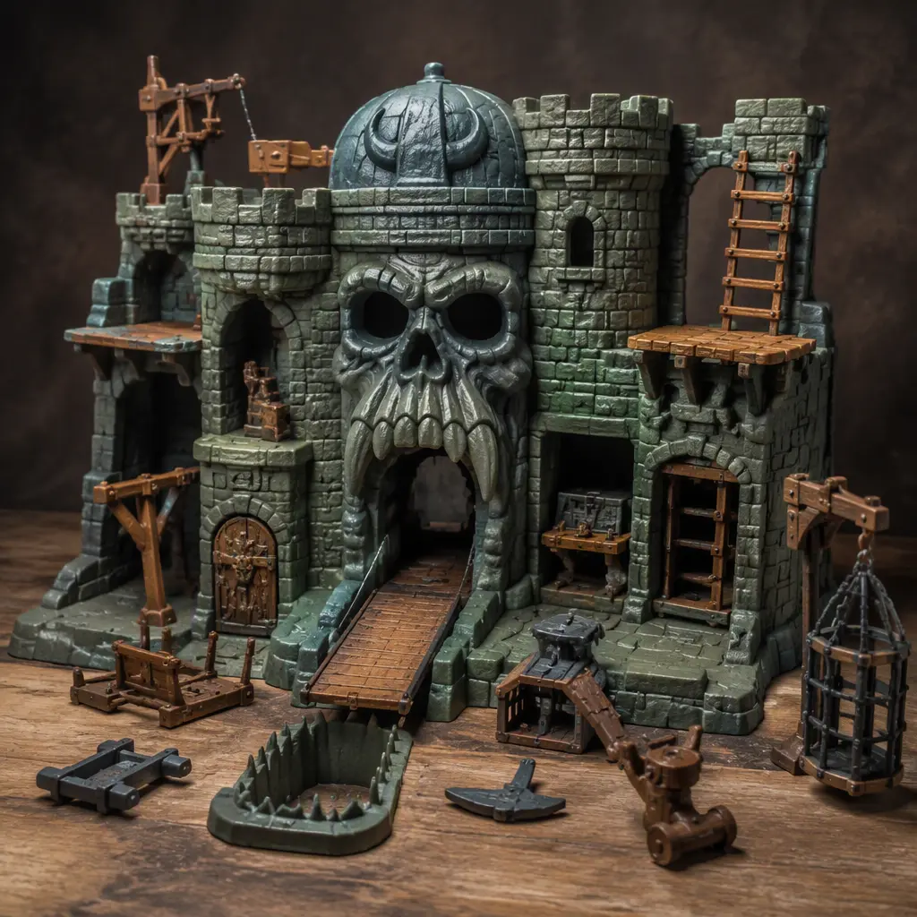 Large fantasy fortress playset with stone-textured walls and play features arranged in a studio setting