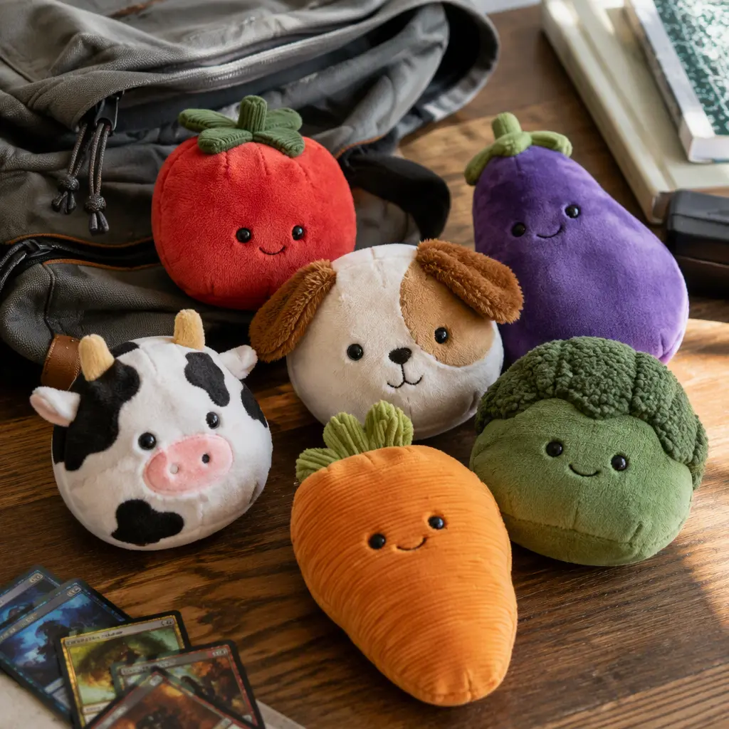 Small collectible beanbag plush toys displayed beside everyday school items