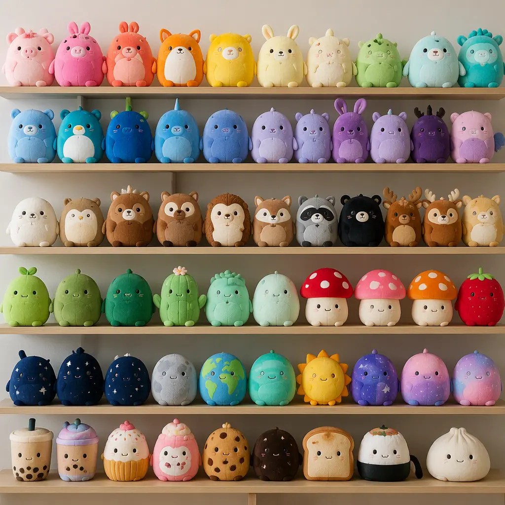 A colorful collection of beanbag plush collectibles arranged on shelves