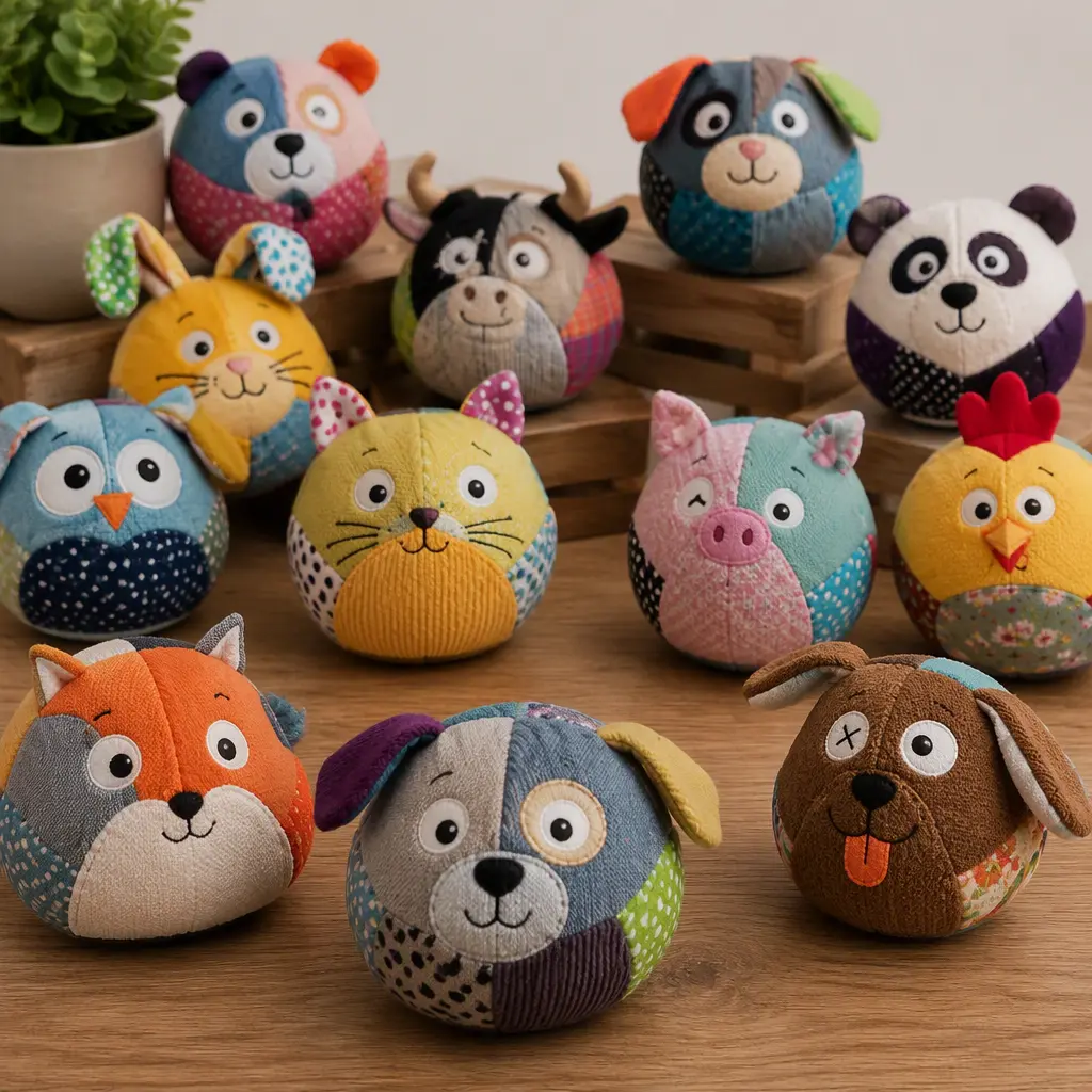 A group of colorful beanbag-style collectible plush toys arranged on a tabletop