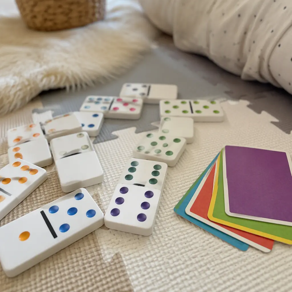Oversized domino tiles and beginner card games arranged on a play mat
