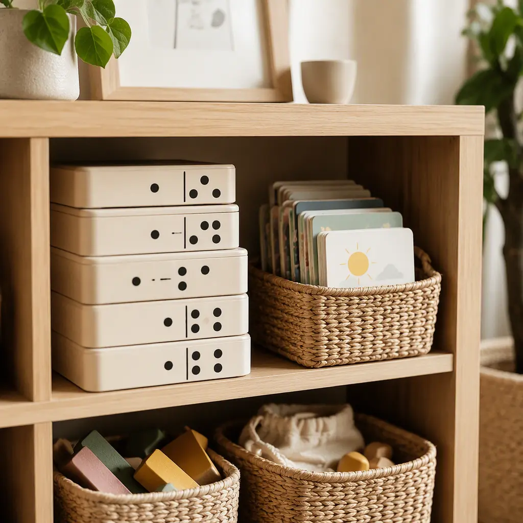 Preschool domino and card game storage on a family game shelf