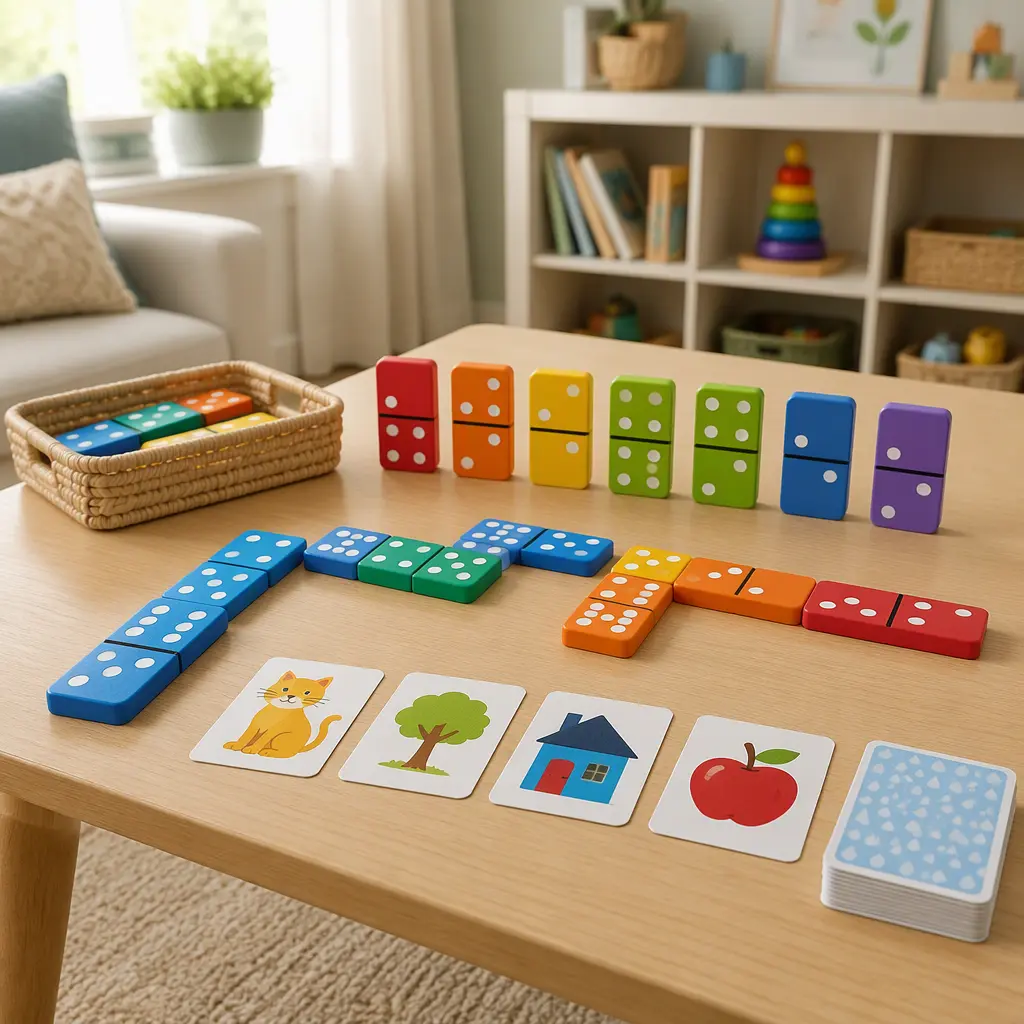 Chunky domino tiles and simple preschool card games on a low table in soft natural light