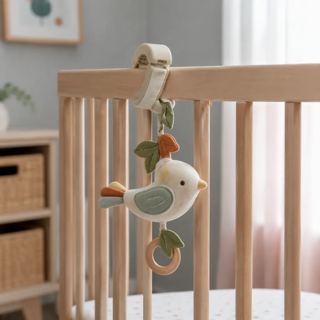Clip-on baby toy attached to a crib rail in a compact nursery