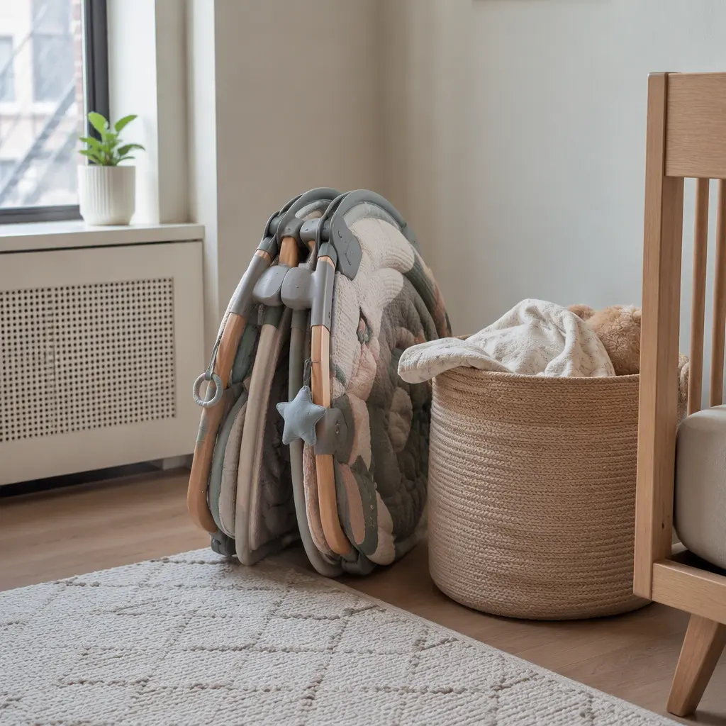 Compact baby floor gym stored neatly in a small nursery