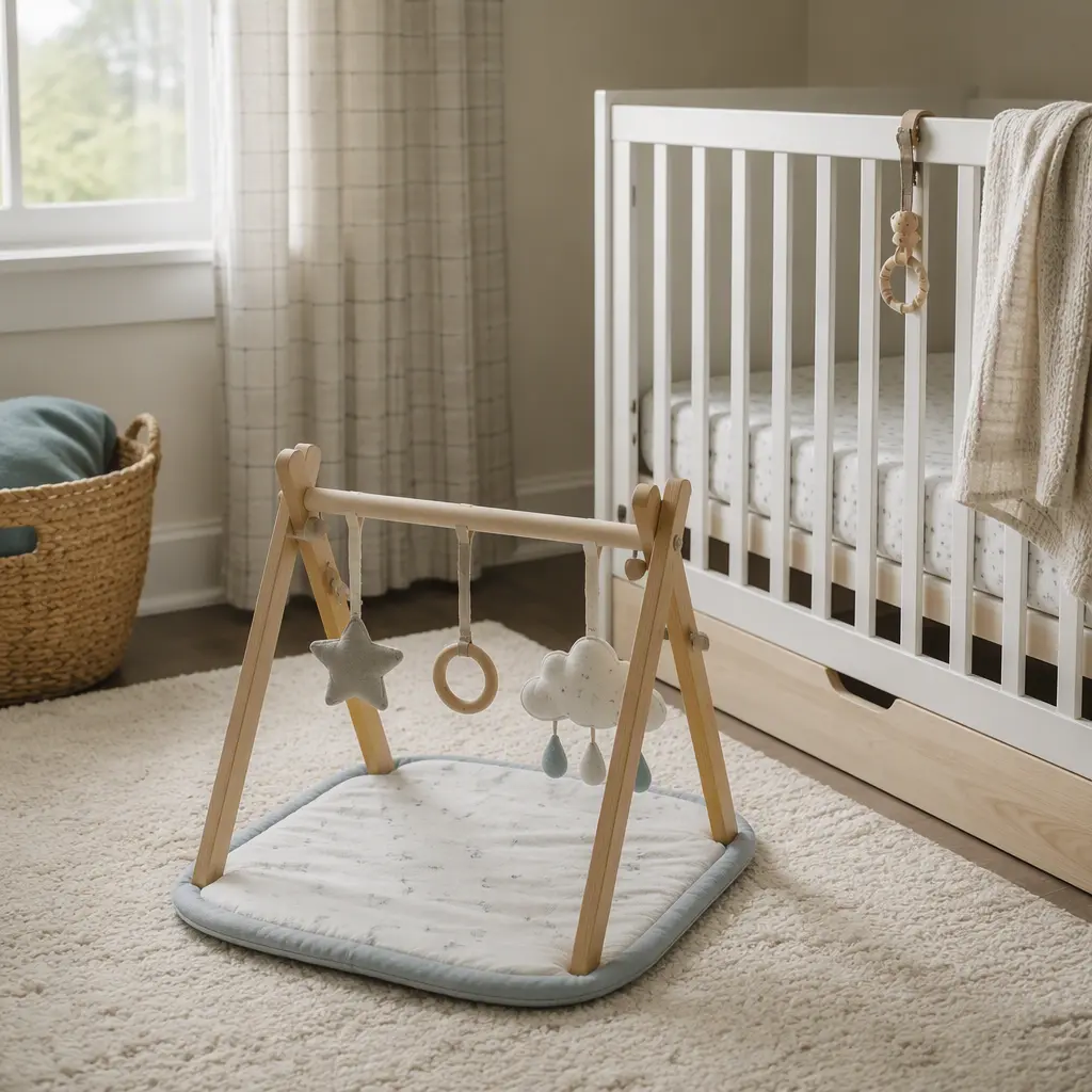 Small nursery with a baby floor gym and clip-on crib toy in soft natural light