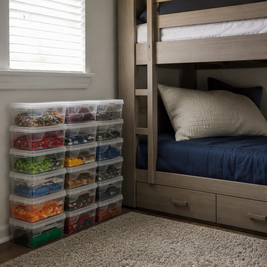 Compact construction toys stored neatly beside a bunk bed.