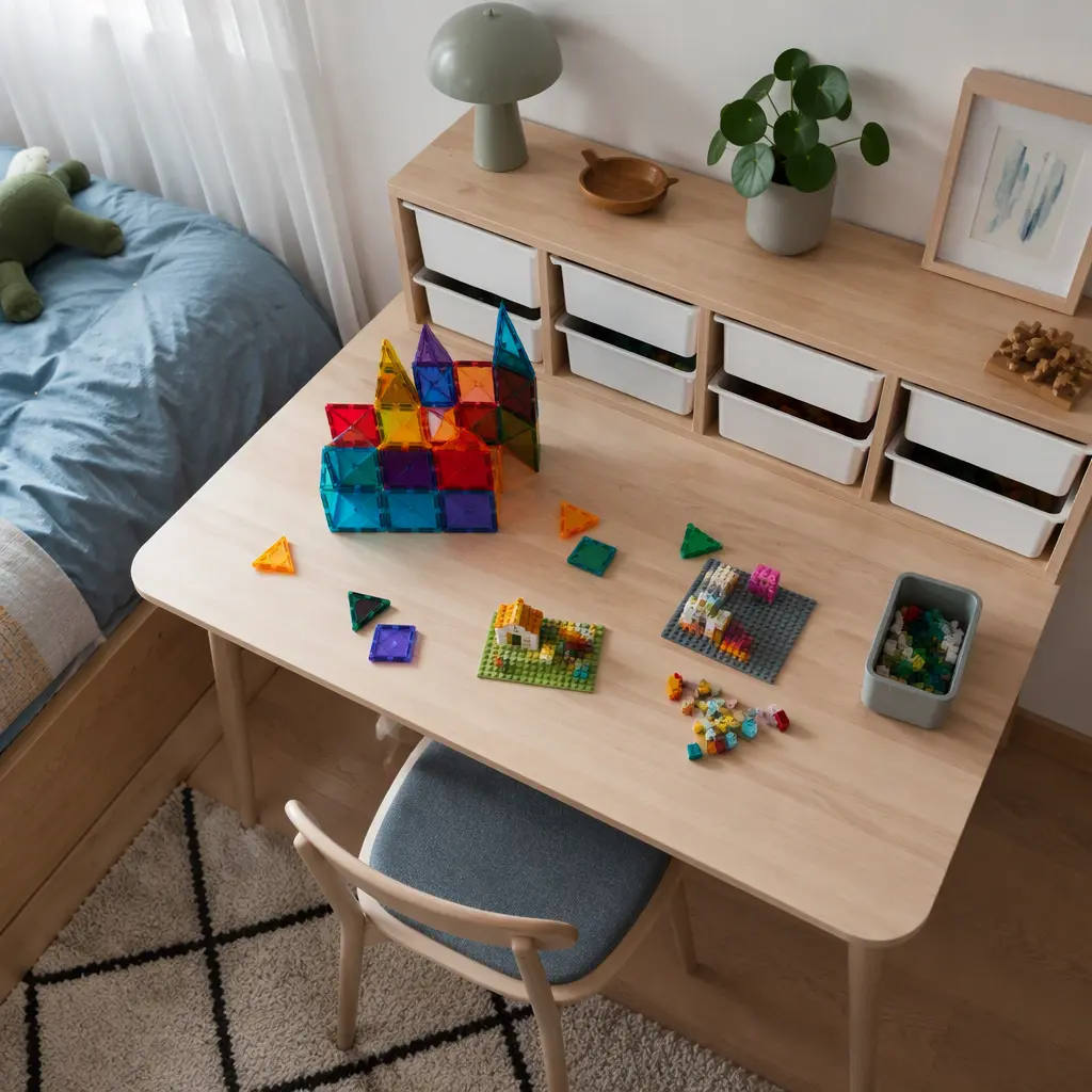 Compact building toys arranged neatly on a small desk in a shared bedroom.