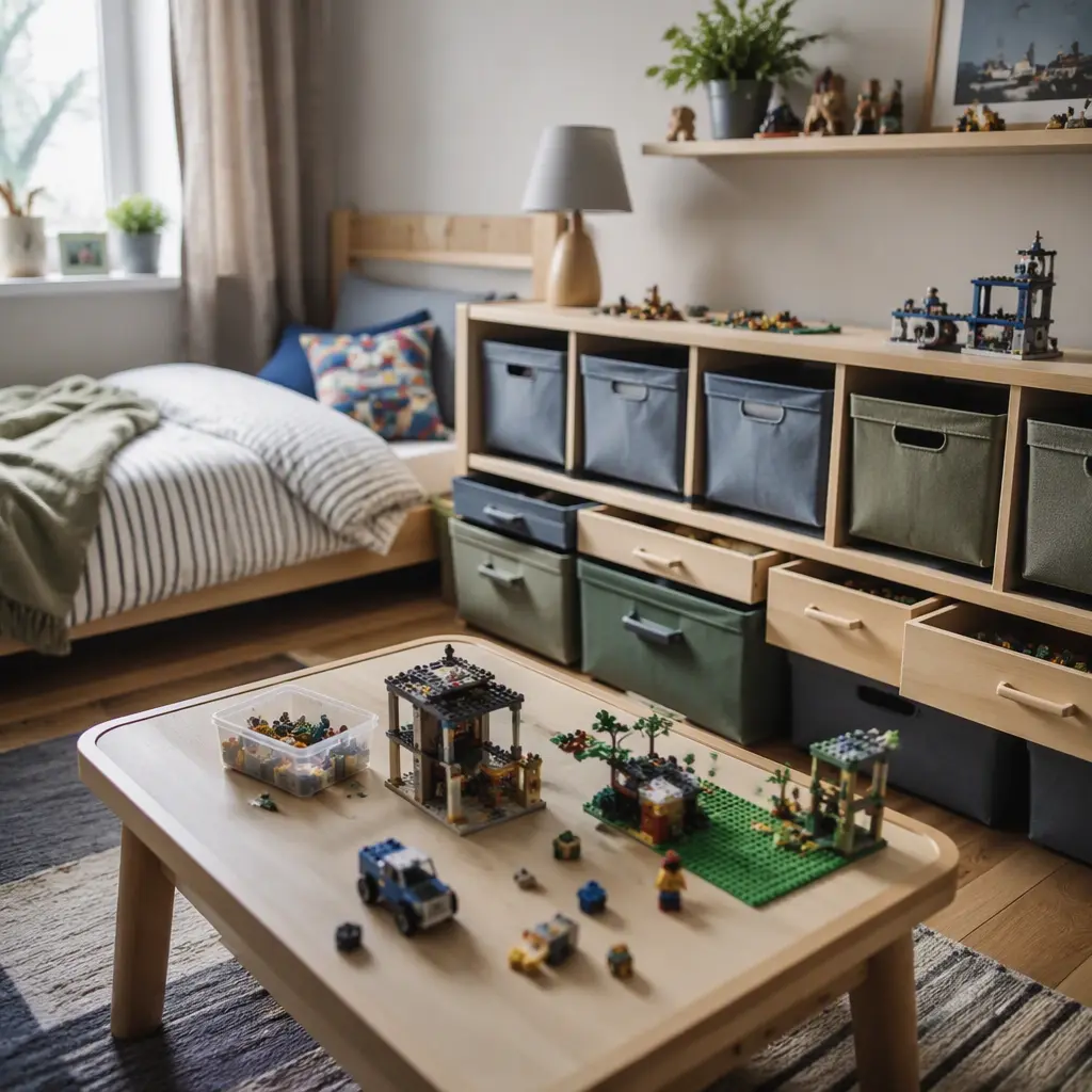 Compact building toys organized in a shared children's bedroom with soft natural light.