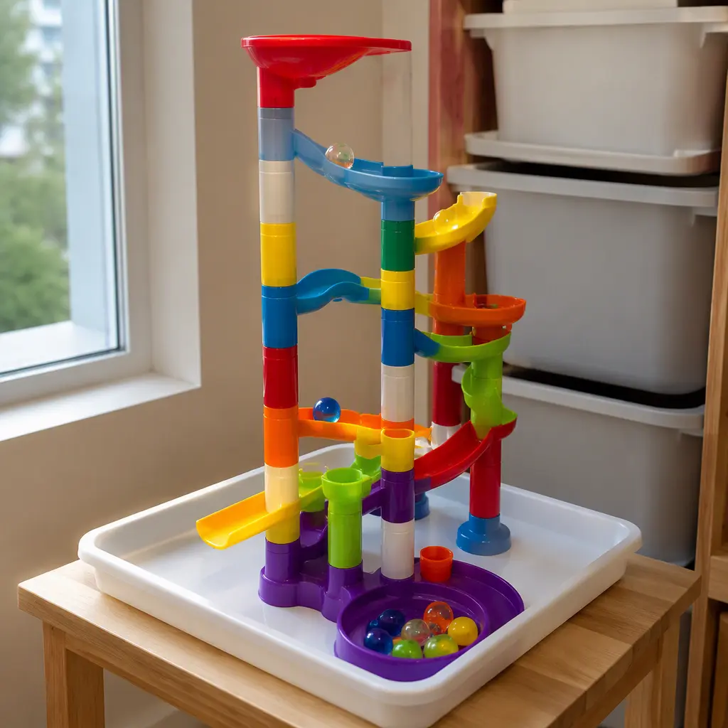 Small tabletop marble run with contained pieces and storage bins