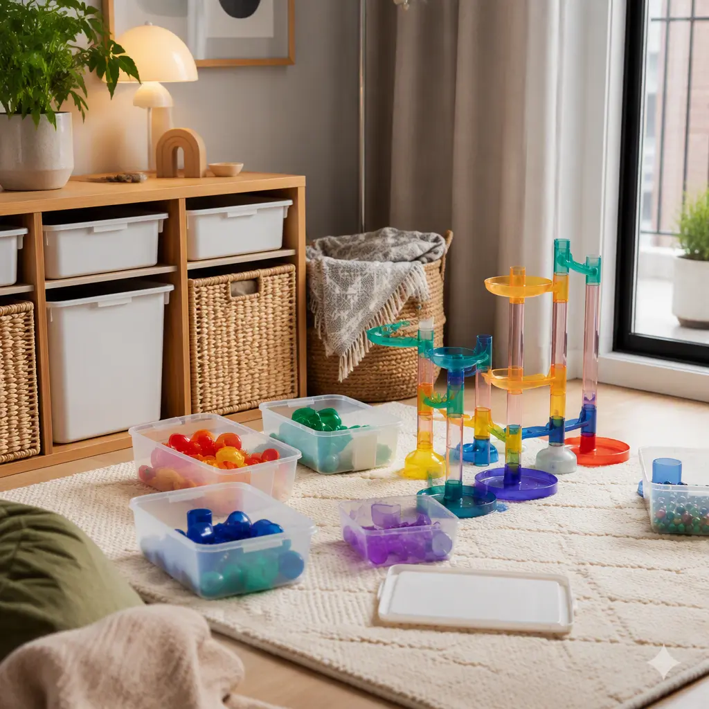 Compact marble run pieces stored neatly in a small-space play area